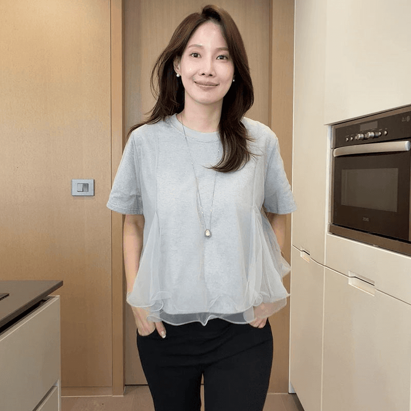 재고 있음 cherry 한 부서 다용도 디자인 센스 이중층 물결무늬 망사 패치워크 반팔 한 마디 인형 셔츠 티셔츠