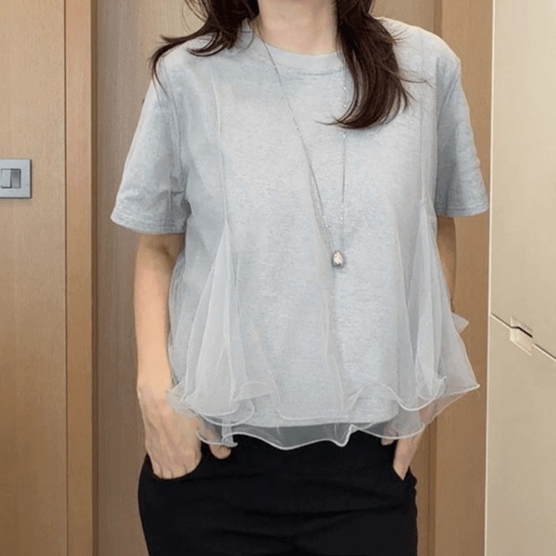 재고 있음 cherry 한 부서 다용도 디자인 센스 이중층 물결무늬 망사 패치워크 반팔 한 마디 인형 셔츠 티셔츠 이미지 5