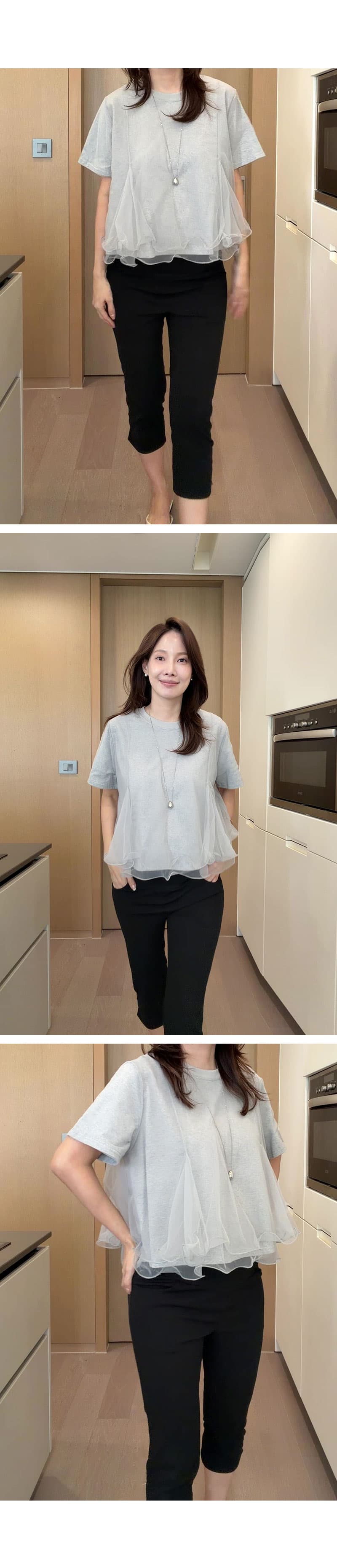 재고 있음 cherry 한 부서 다용도 디자인 센스 이중층 물결무늬 망사 패치워크 반팔 한 마디 인형 셔츠 티셔츠 상세 이미지 3