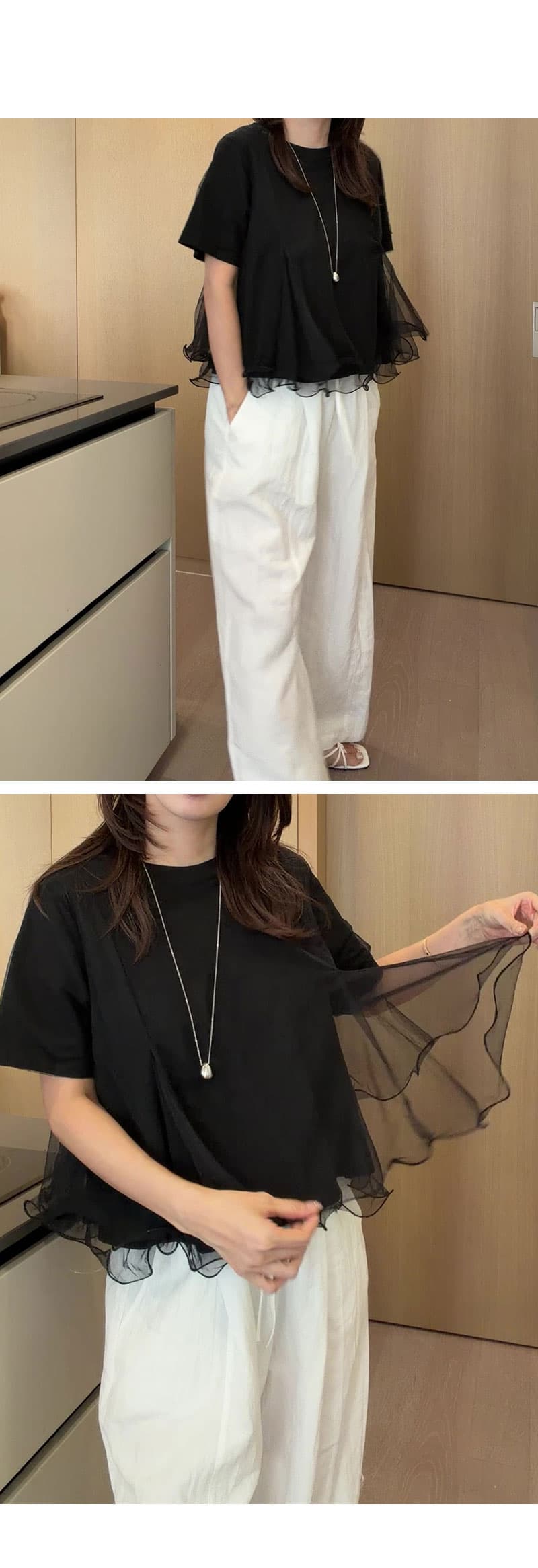 재고 있음 cherry 한 부서 다용도 디자인 센스 이중층 물결무늬 망사 패치워크 반팔 한 마디 인형 셔츠 티셔츠 상세 이미지 12