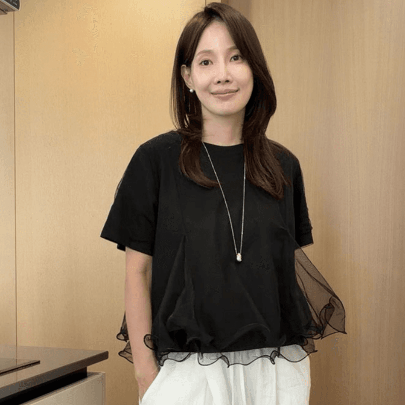 재고 있음 cherry 한 부서 다용도 디자인 센스 이중층 물결무늬 망사 패치워크 반팔 한 마디 인형 셔츠 티셔츠