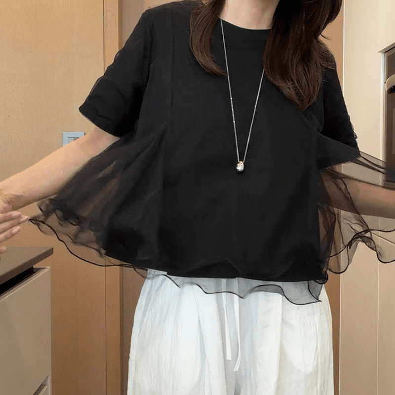 재고 있음 cherry 한 부서 다용도 디자인 센스 이중층 물결무늬 망사 패치워크 반팔 한 마디 인형 셔츠 티셔츠 이미지 5