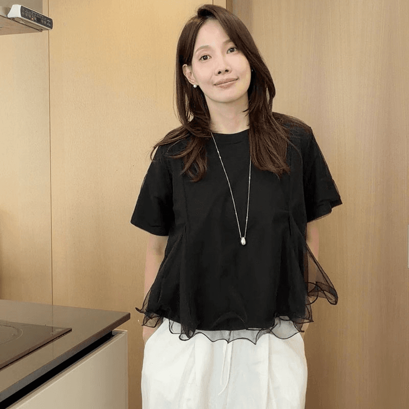 재고 있음 cherry 한 부서 다용도 디자인 센스 이중층 물결무늬 망사 패치워크 반팔 한 마디 인형 셔츠 티셔츠 이미지 3
