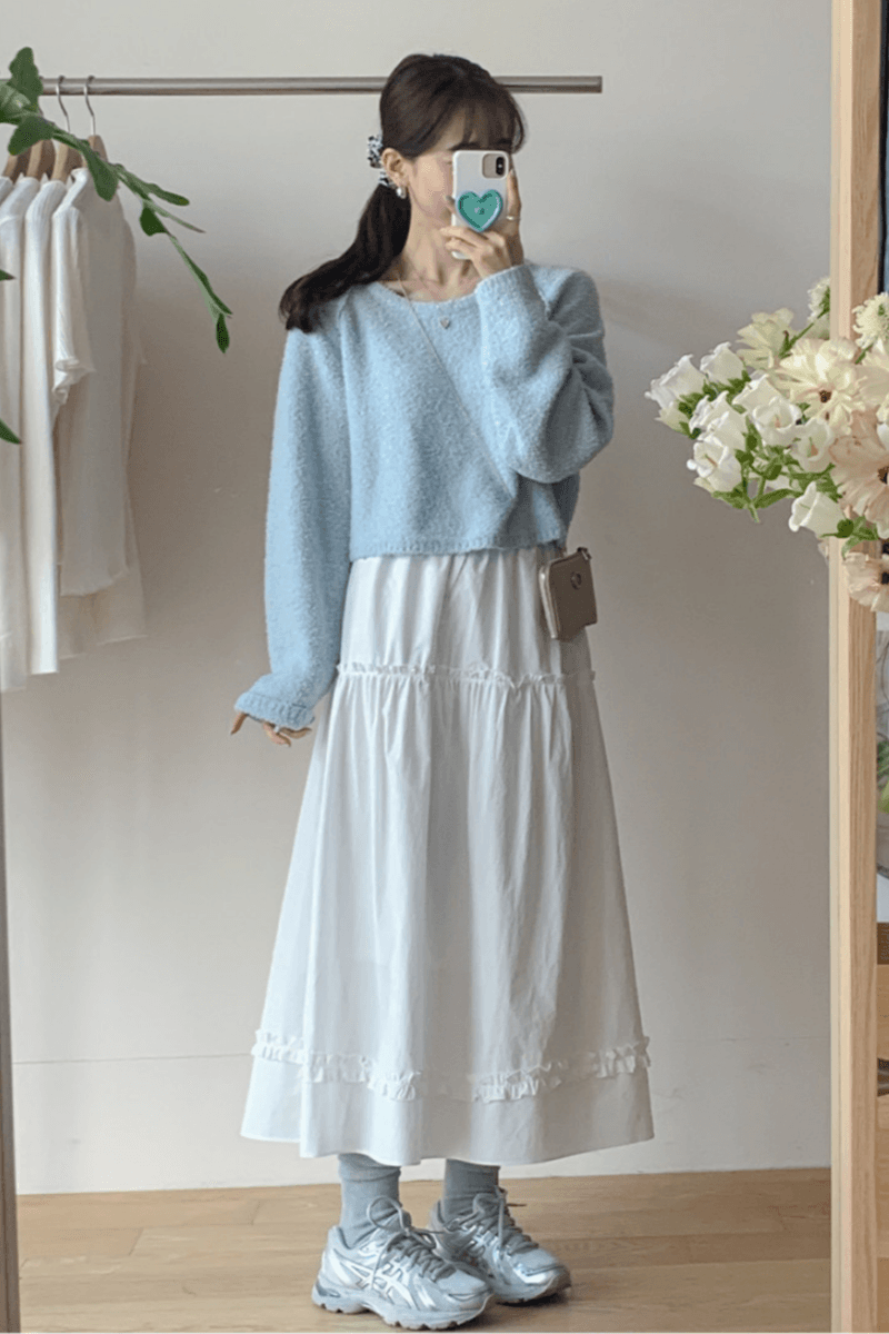 재고 있음 cherry 흐릿한 첫사랑 신선함 프릴 꾸밈음 분위기 센스 순수한 흰색 한 마디 큰 진자 중간 길이 반신 스커트 이미지 2