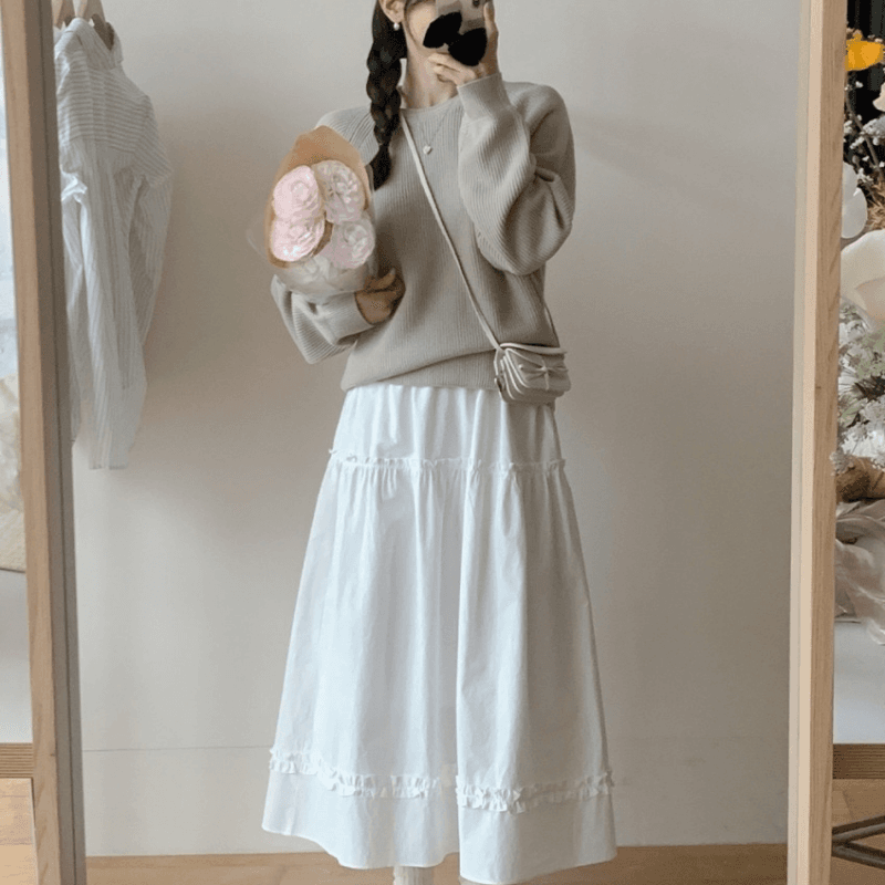 재고 있음 cherry 흐릿한 첫사랑 신선함 프릴 꾸밈음 분위기 센스 순수한 흰색 한 마디 큰 진자 중간 길이 반신 스커트 이미지 5