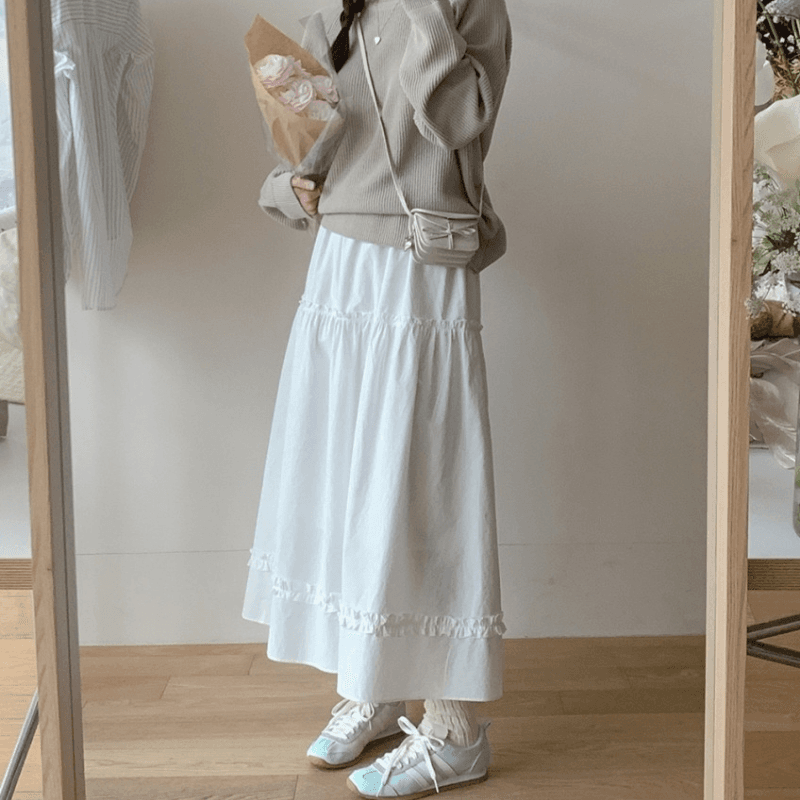 재고 있음 cherry 흐릿한 첫사랑 신선함 프릴 꾸밈음 분위기 센스 순수한 흰색 한 마디 큰 진자 중간 길이 반신 스커트