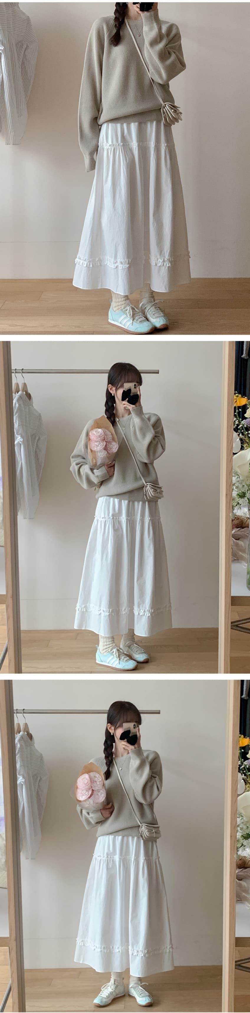 재고 있음 cherry 흐릿한 첫사랑 신선함 프릴 꾸밈음 분위기 센스 순수한 흰색 한 마디 큰 진자 중간 길이 반신 스커트 상세 이미지 3