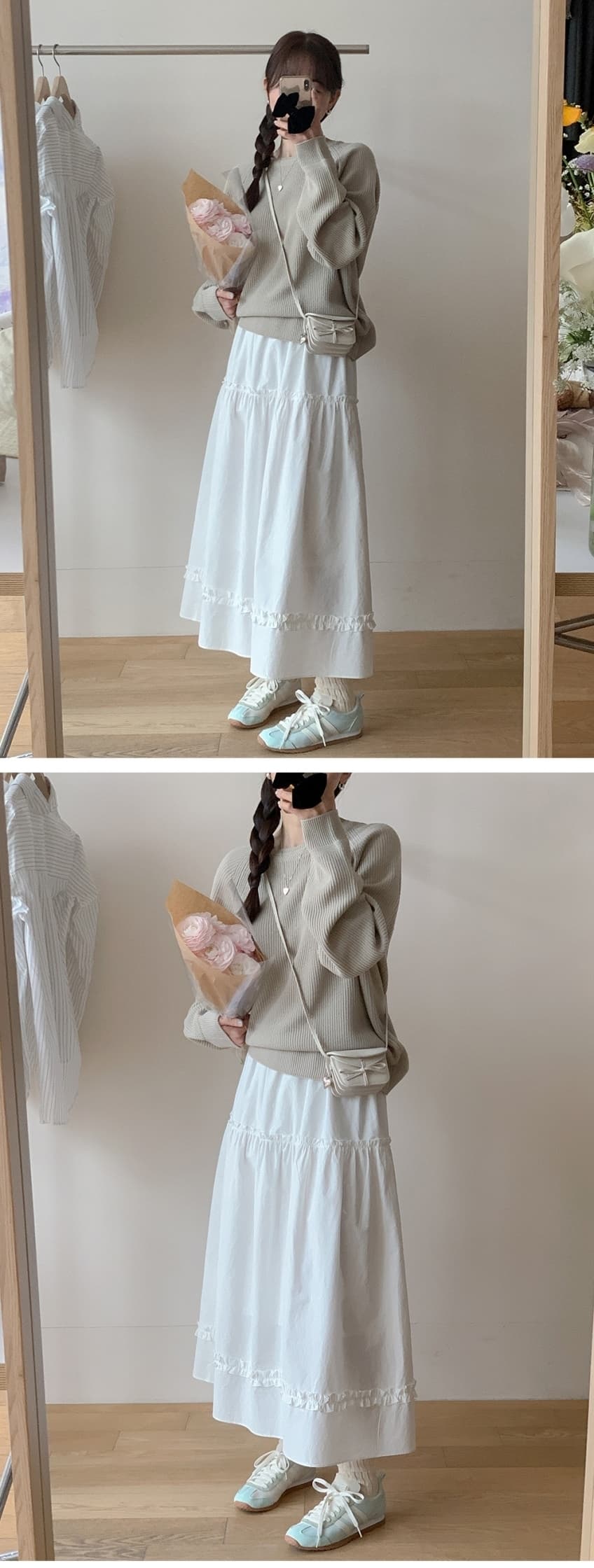 재고 있음 cherry 흐릿한 첫사랑 신선함 프릴 꾸밈음 분위기 센스 순수한 흰색 한 마디 큰 진자 중간 길이 반신 스커트 상세 이미지 4