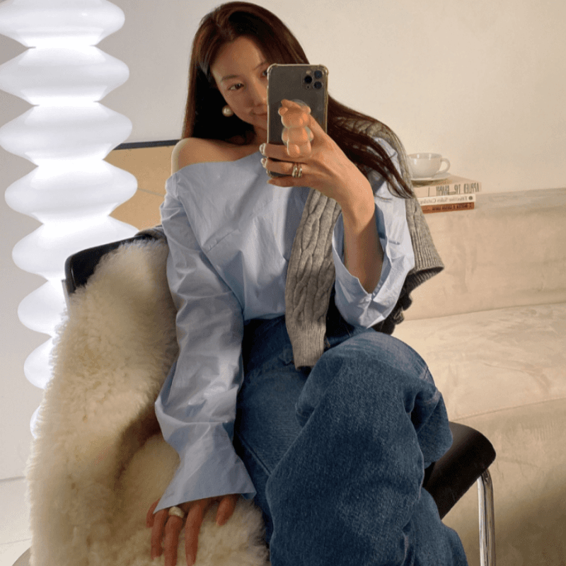 재고 있음 cherry 품격 비스듬한 어깨 불규칙 디자인 센스 단색 다용도 출퇴근 긴팔 셔츠 전후 웨어러블