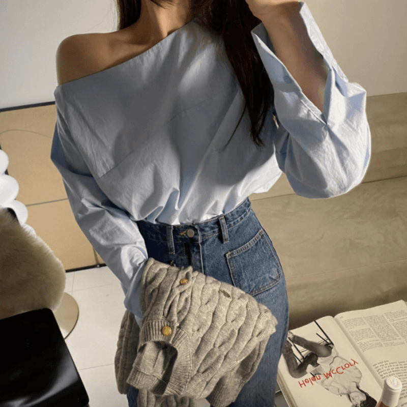 재고 있음 cherry 품격 비스듬한 어깨 불규칙 디자인 센스 단색 다용도 출퇴근 긴팔 셔츠 전후 웨어러블 이미지 5