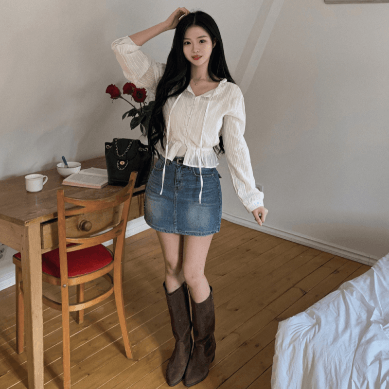 재고 있음 cherry 부드러운 바람 화이트 세로 줄무늬 프릴 리본 허리 수축 패치워크 레이스 측면 길이 소매 셔츠 이미지 4