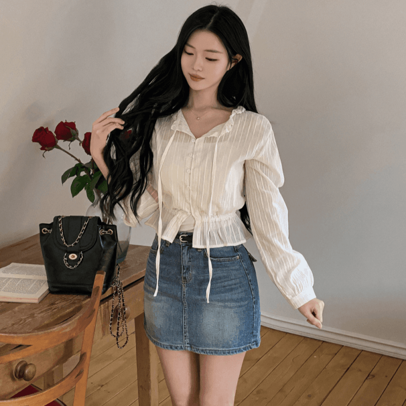 재고 있음 cherry 부드러운 바람 화이트 세로 줄무늬 프릴 리본 허리 수축 패치워크 레이스 측면 길이 소매 셔츠 이미지 5