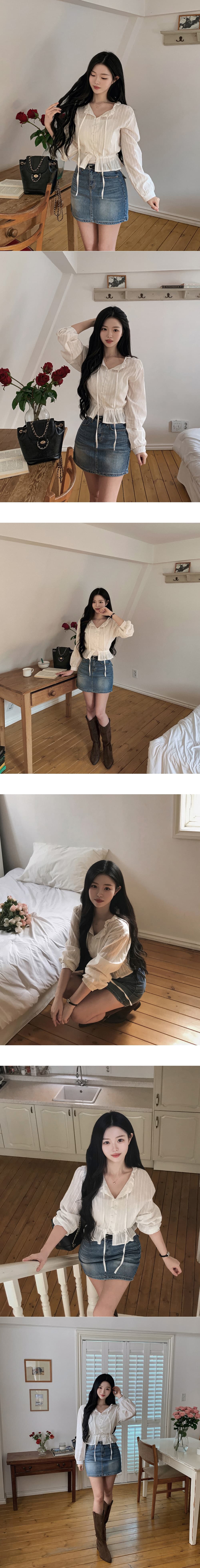 재고 있음 cherry 부드러운 바람 화이트 세로 줄무늬 프릴 리본 허리 수축 패치워크 레이스 측면 길이 소매 셔츠 상세 이미지 3