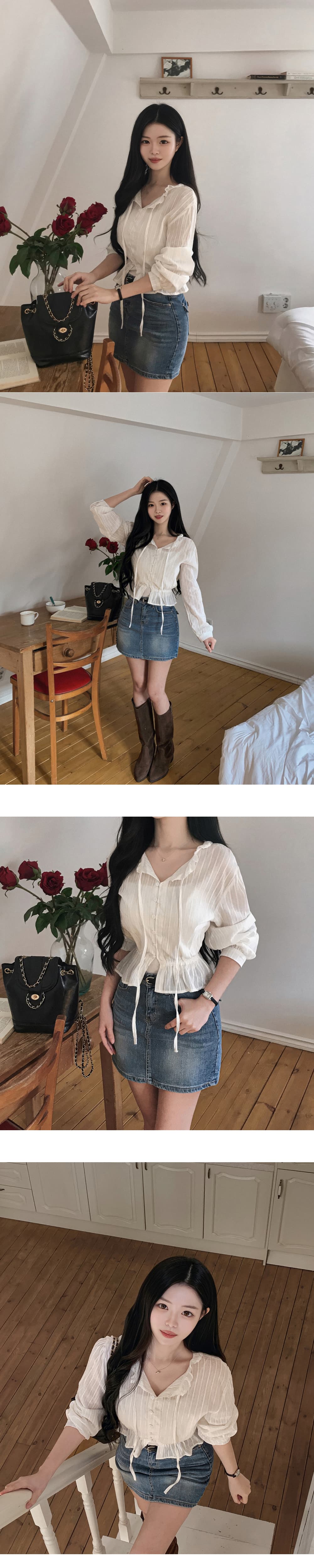 재고 있음 cherry 부드러운 바람 화이트 세로 줄무늬 프릴 리본 허리 수축 패치워크 레이스 측면 길이 소매 셔츠 상세 이미지 4
