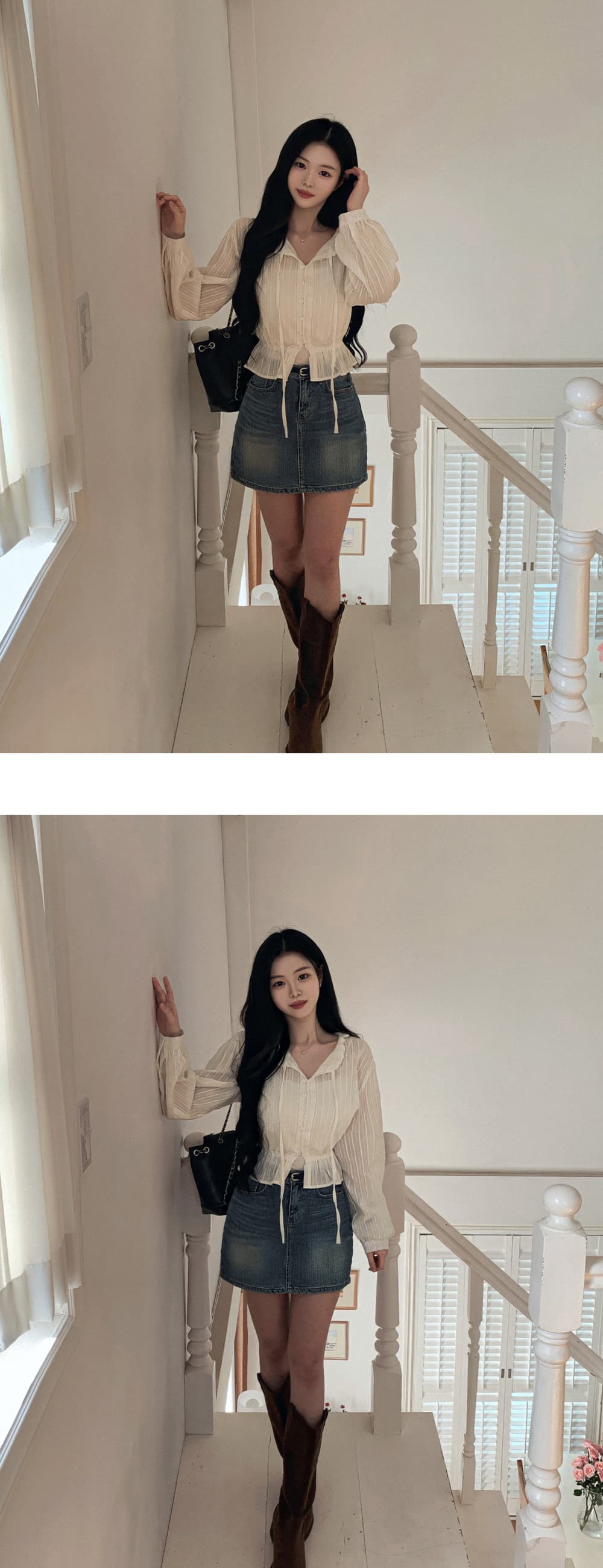 재고 있음 cherry 부드러운 바람 화이트 세로 줄무늬 프릴 리본 허리 수축 패치워크 레이스 측면 길이 소매 셔츠 상세 이미지 6