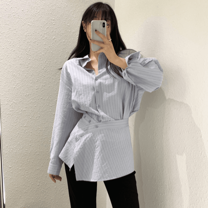 재고 있음 cherry 불규칙 수 있습니다. 조정 디자인 센스 허리 인감 느긋한 와 성별 스트라이프 긴팔 셔츠 투피스 세트 이미지 3