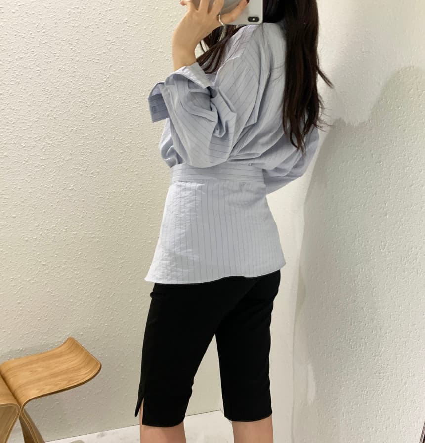재고 있음 cherry 불규칙 수 있습니다. 조정 디자인 센스 허리 인감 느긋한 와 성별 스트라이프 긴팔 셔츠 투피스 세트 상세 이미지 14