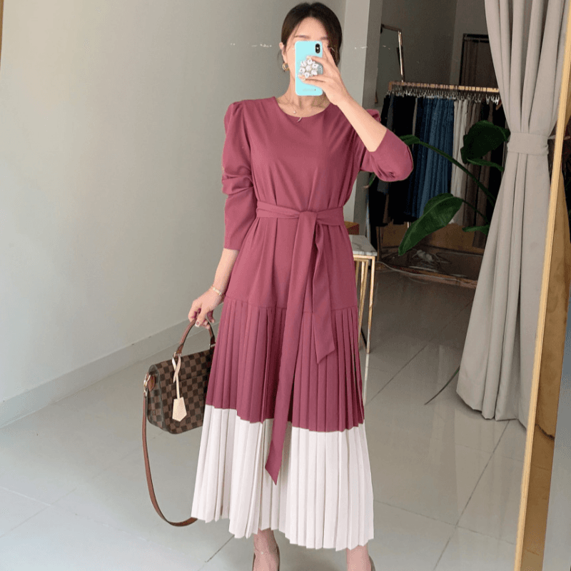 재고 있음 cherry 프랑스식 우아함 라운드 넥 큰 진자 플리츠 배색 패치워크 루즈핏 긴팔 드레스 벨트 포함