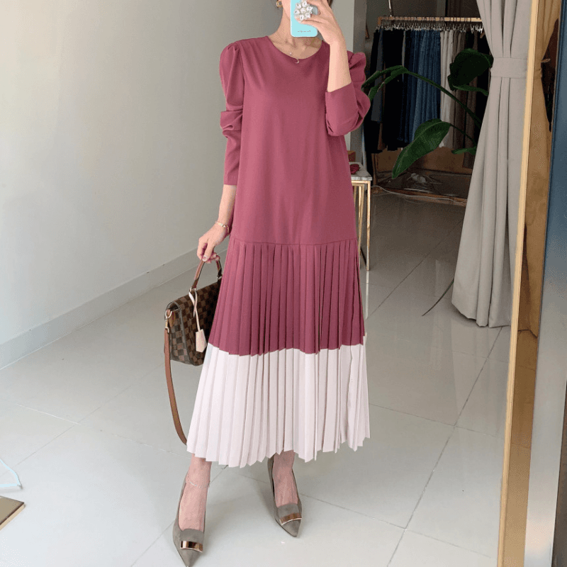 재고 있음 cherry 프랑스식 우아함 라운드 넥 큰 진자 플리츠 배색 패치워크 루즈핏 긴팔 드레스 벨트 포함 이미지 2