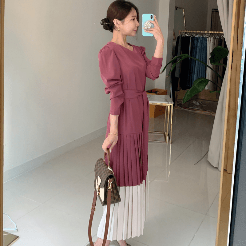 재고 있음 cherry 프랑스식 우아함 라운드 넥 큰 진자 플리츠 배색 패치워크 루즈핏 긴팔 드레스 벨트 포함 이미지 5