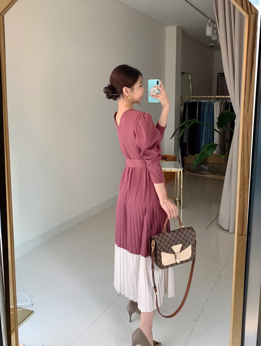 재고 있음 cherry 프랑스식 우아함 라운드 넥 큰 진자 플리츠 배색 패치워크 루즈핏 긴팔 드레스 벨트 포함 상세 이미지 5