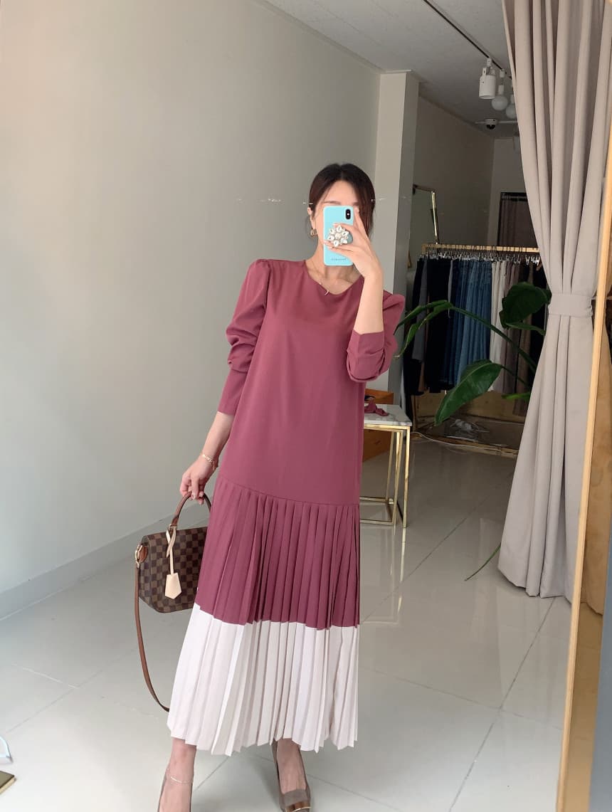 재고 있음 cherry 프랑스식 우아함 라운드 넥 큰 진자 플리츠 배색 패치워크 루즈핏 긴팔 드레스 벨트 포함 상세 이미지 7