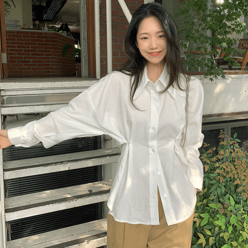 재고 있음 cherry 한 부서 디자인 센스 포인터 포인터 폴로 칼라 허리 수축 핀치 버클 다용도 스택 착용 캐주얼 긴팔 셔츠 맨위 이미지 2