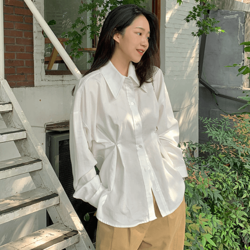 재고 있음 cherry 한 부서 디자인 센스 포인터 포인터 폴로 칼라 허리 수축 핀치 버클 다용도 스택 착용 캐주얼 긴팔 셔츠 맨위