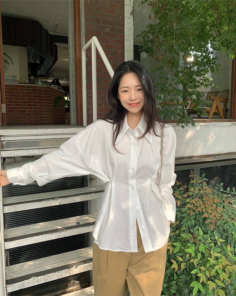 재고 있음 cherry 한 부서 디자인 센스 포인터 포인터 폴로 칼라 허리 수축 핀치 버클 다용도 스택 착용 캐주얼 긴팔 셔츠 맨위 상세 이미지 2