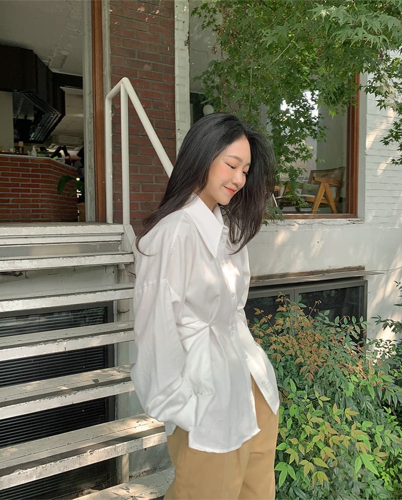 재고 있음 cherry 한 부서 디자인 센스 포인터 포인터 폴로 칼라 허리 수축 핀치 버클 다용도 스택 착용 캐주얼 긴팔 셔츠 맨위 상세 이미지 3