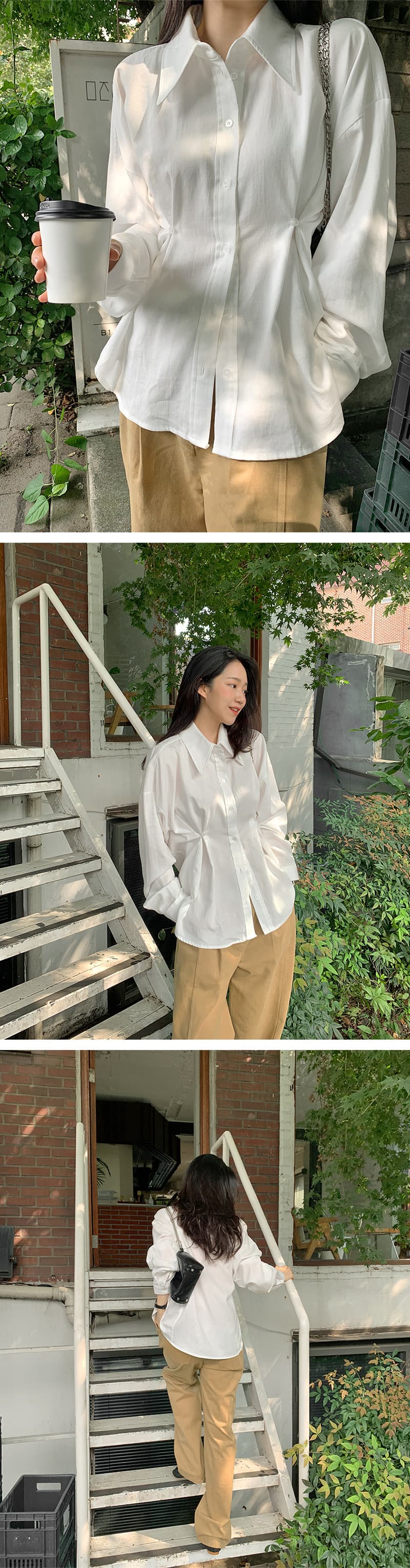 재고 있음 cherry 한 부서 디자인 센스 포인터 포인터 폴로 칼라 허리 수축 핀치 버클 다용도 스택 착용 캐주얼 긴팔 셔츠 맨위 상세 이미지 6