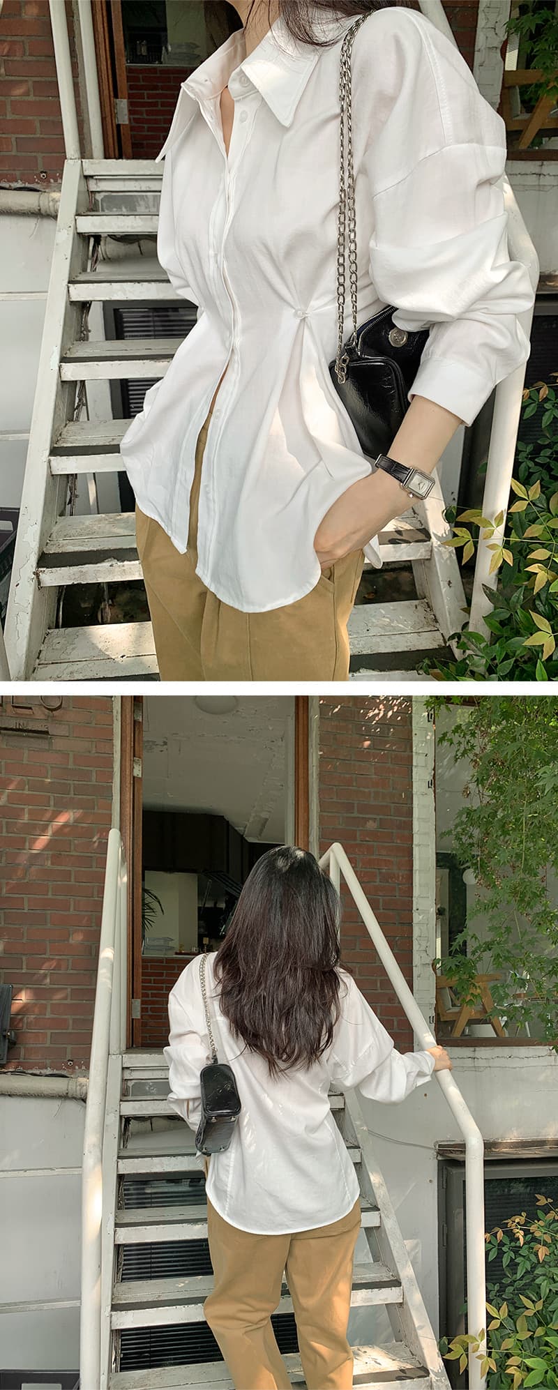 재고 있음 cherry 한 부서 디자인 센스 포인터 포인터 폴로 칼라 허리 수축 핀치 버클 다용도 스택 착용 캐주얼 긴팔 셔츠 맨위 상세 이미지 7