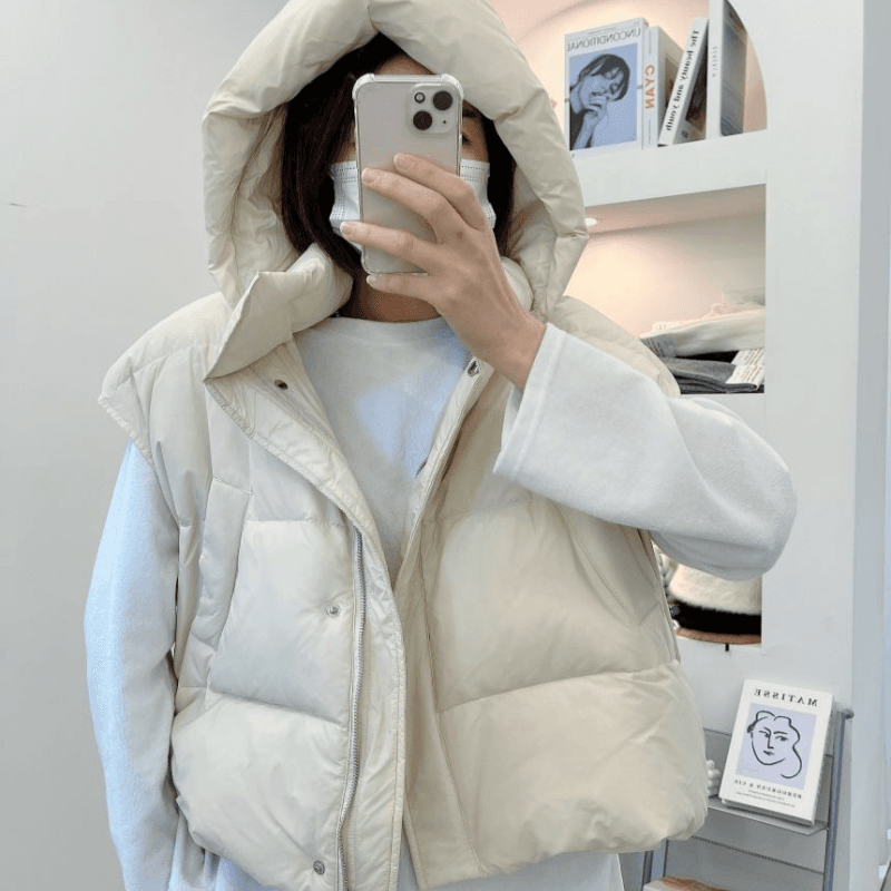 재고 있음 cherry 다용도 변경 가능 캐주얼 펌프 로프 허리 수축 두꺼운 면 후드 베스트 재킷 모자 수 있습니다. 철거 이미지 5