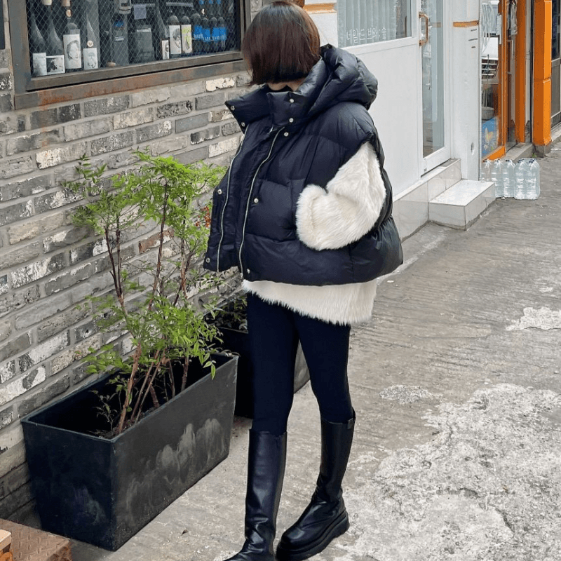 재고 있음 cherry 다용도 변경 가능 캐주얼 펌프 로프 허리 수축 두꺼운 면 후드 베스트 재킷 모자 수 있습니다. 철거 이미지 2