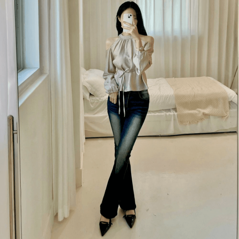 재고 있음 cherry 부드러운 달콤함 행침 목 오프숄더 디자인 센스 측면 스트랩 허리 수축 마이크로 ~을 통해 외국 가스 긴팔 셔츠 이미지 4