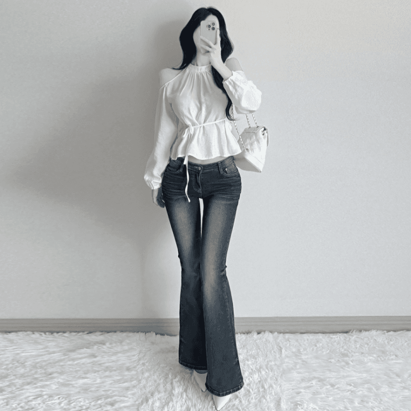 재고 있음 cherry 부드러운 달콤함 행침 목 오프숄더 디자인 센스 측면 스트랩 허리 수축 마이크로 ~을 통해 외국 가스 긴팔 셔츠 이미지 5
