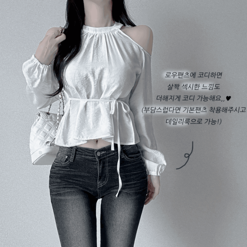 재고 있음 cherry 부드러운 달콤함 행침 목 오프숄더 디자인 센스 측면 스트랩 허리 수축 마이크로 ~을 통해 외국 가스 긴팔 셔츠 이미지 3