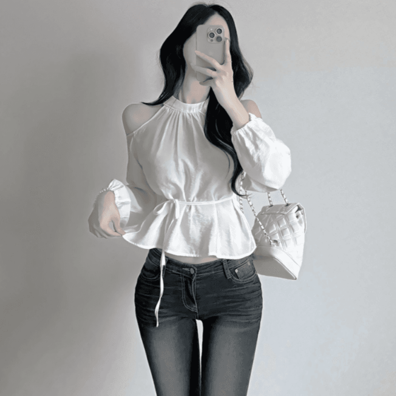 재고 있음 cherry 부드러운 달콤함 행침 목 오프숄더 디자인 센스 측면 스트랩 허리 수축 마이크로 ~을 통해 외국 가스 긴팔 셔츠