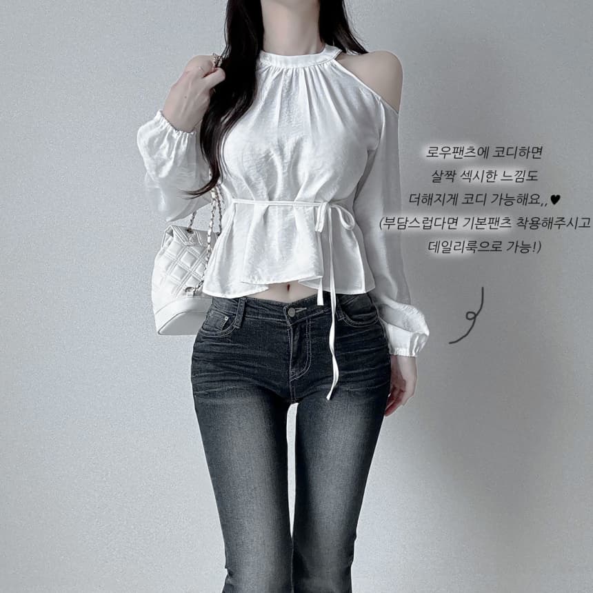 재고 있음 cherry 부드러운 달콤함 행침 목 오프숄더 디자인 센스 측면 스트랩 허리 수축 마이크로 ~을 통해 외국 가스 긴팔 셔츠 상세 이미지 2