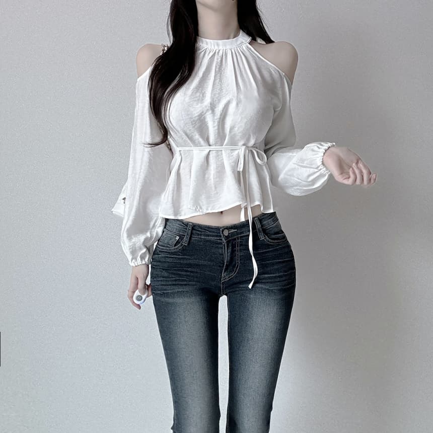 재고 있음 cherry 부드러운 달콤함 행침 목 오프숄더 디자인 센스 측면 스트랩 허리 수축 마이크로 ~을 통해 외국 가스 긴팔 셔츠 상세 이미지 3