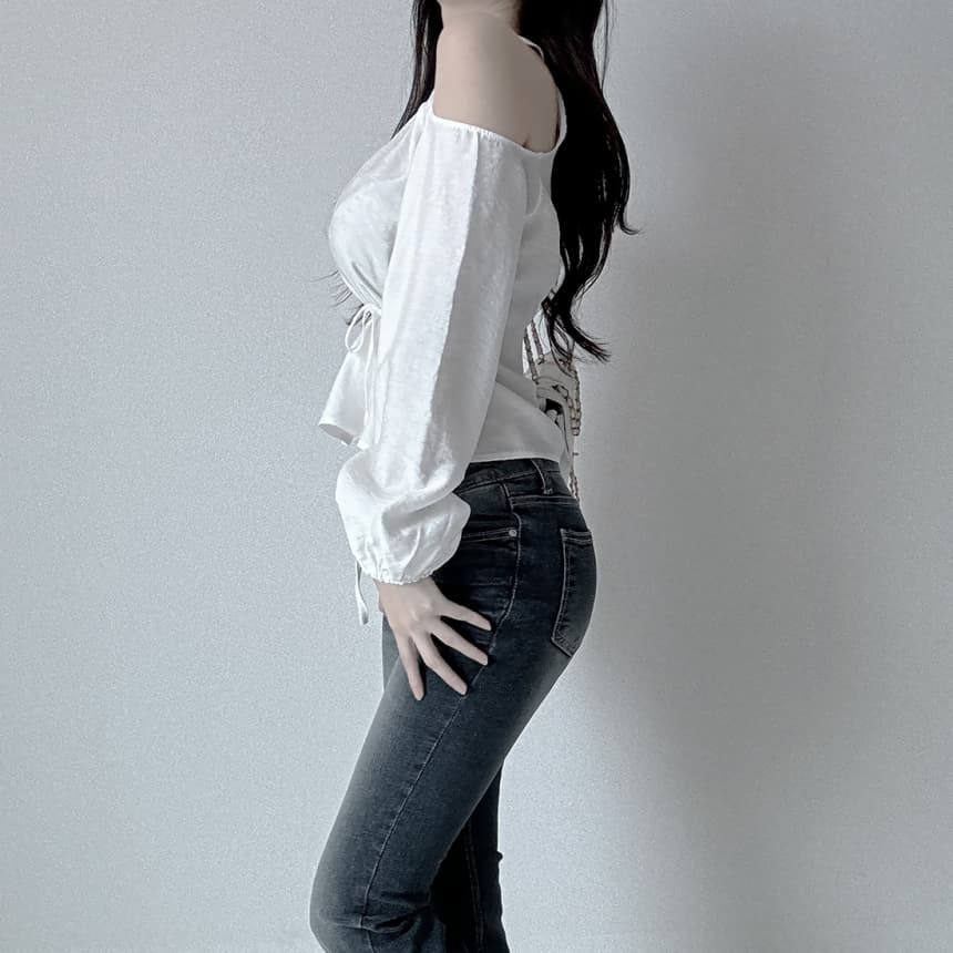 재고 있음 cherry 부드러운 달콤함 행침 목 오프숄더 디자인 센스 측면 스트랩 허리 수축 마이크로 ~을 통해 외국 가스 긴팔 셔츠 상세 이미지 4