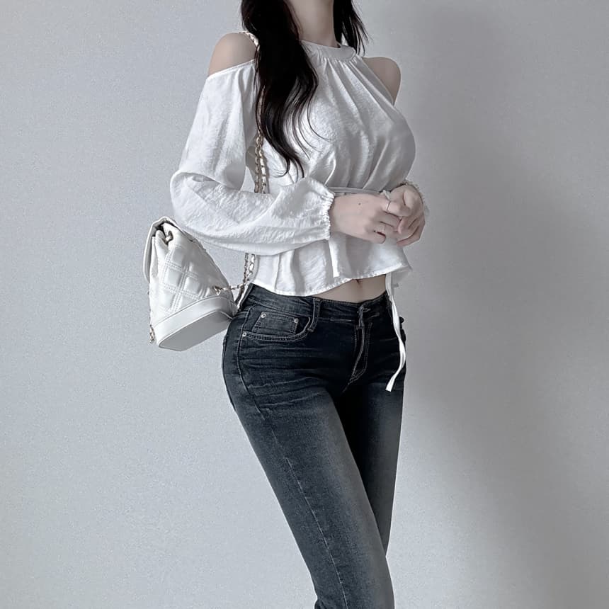 재고 있음 cherry 부드러운 달콤함 행침 목 오프숄더 디자인 센스 측면 스트랩 허리 수축 마이크로 ~을 통해 외국 가스 긴팔 셔츠 상세 이미지 5