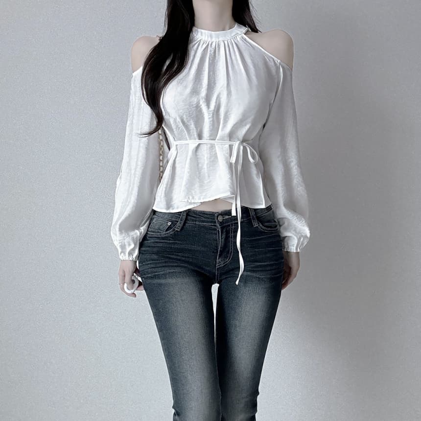 재고 있음 cherry 부드러운 달콤함 행침 목 오프숄더 디자인 센스 측면 스트랩 허리 수축 마이크로 ~을 통해 외국 가스 긴팔 셔츠 상세 이미지 6