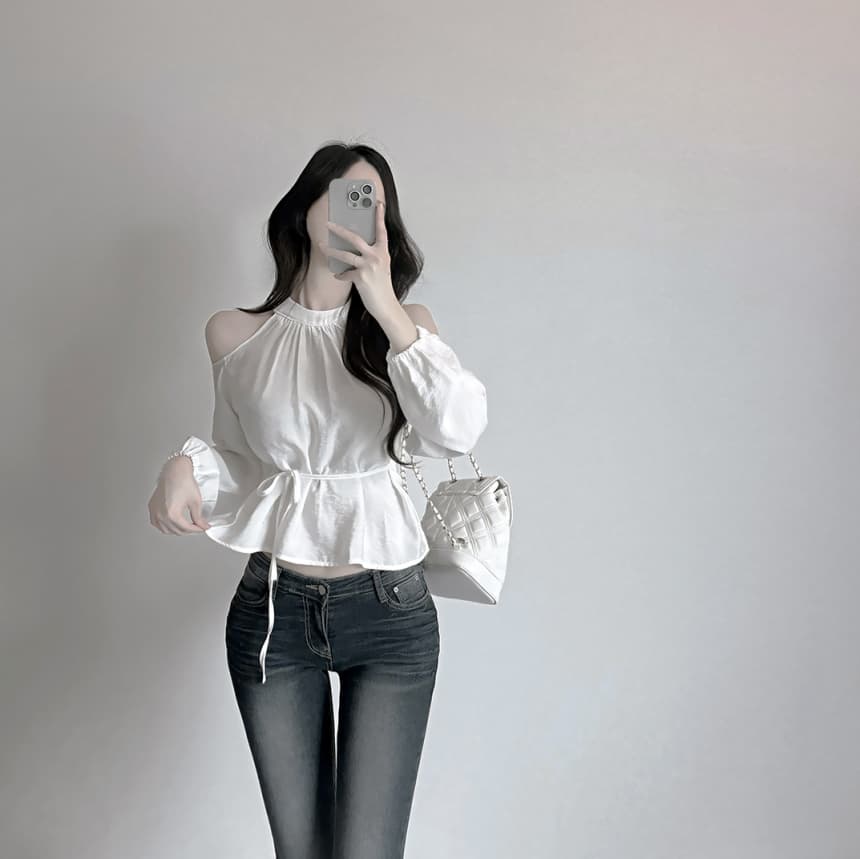 재고 있음 cherry 부드러운 달콤함 행침 목 오프숄더 디자인 센스 측면 스트랩 허리 수축 마이크로 ~을 통해 외국 가스 긴팔 셔츠 상세 이미지 7