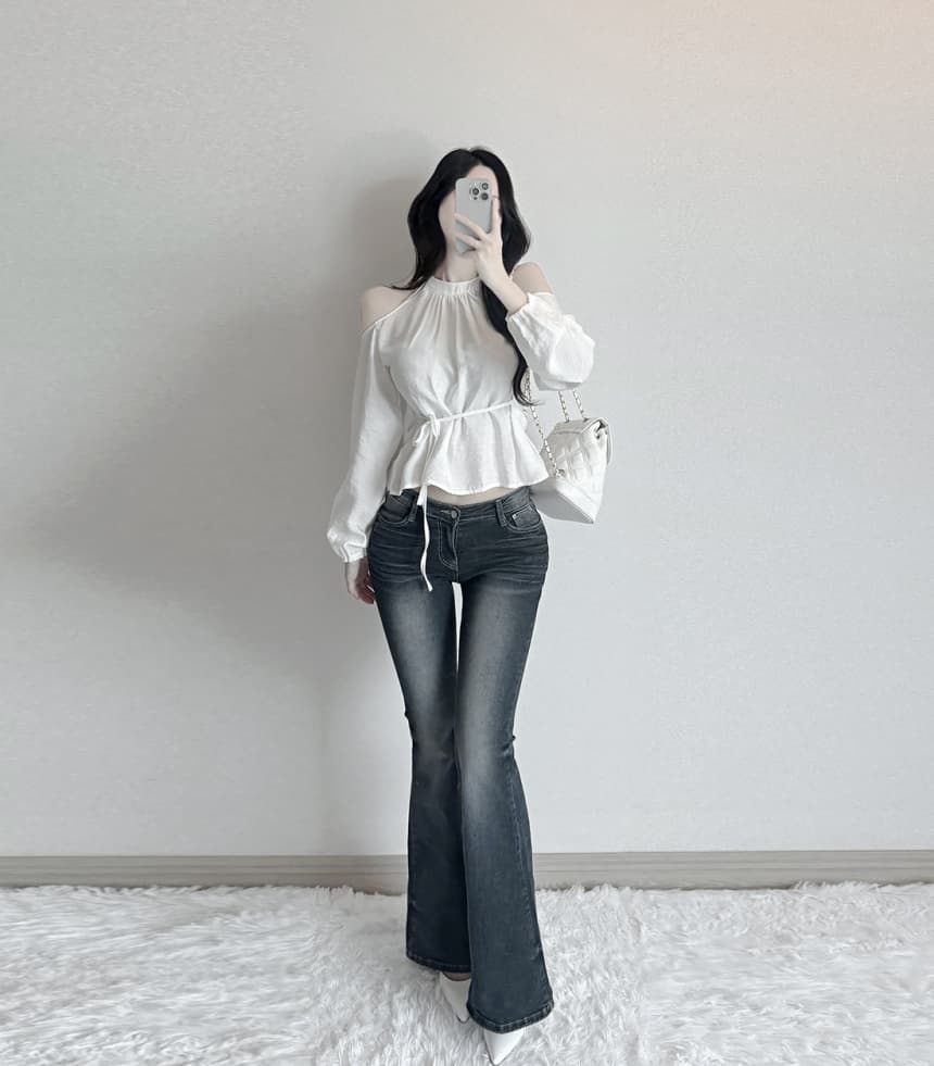 재고 있음 cherry 부드러운 달콤함 행침 목 오프숄더 디자인 센스 측면 스트랩 허리 수축 마이크로 ~을 통해 외국 가스 긴팔 셔츠 상세 이미지 8