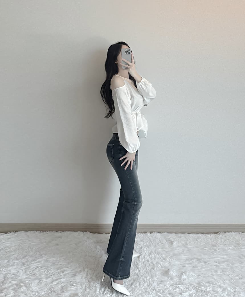 재고 있음 cherry 부드러운 달콤함 행침 목 오프숄더 디자인 센스 측면 스트랩 허리 수축 마이크로 ~을 통해 외국 가스 긴팔 셔츠 상세 이미지 9