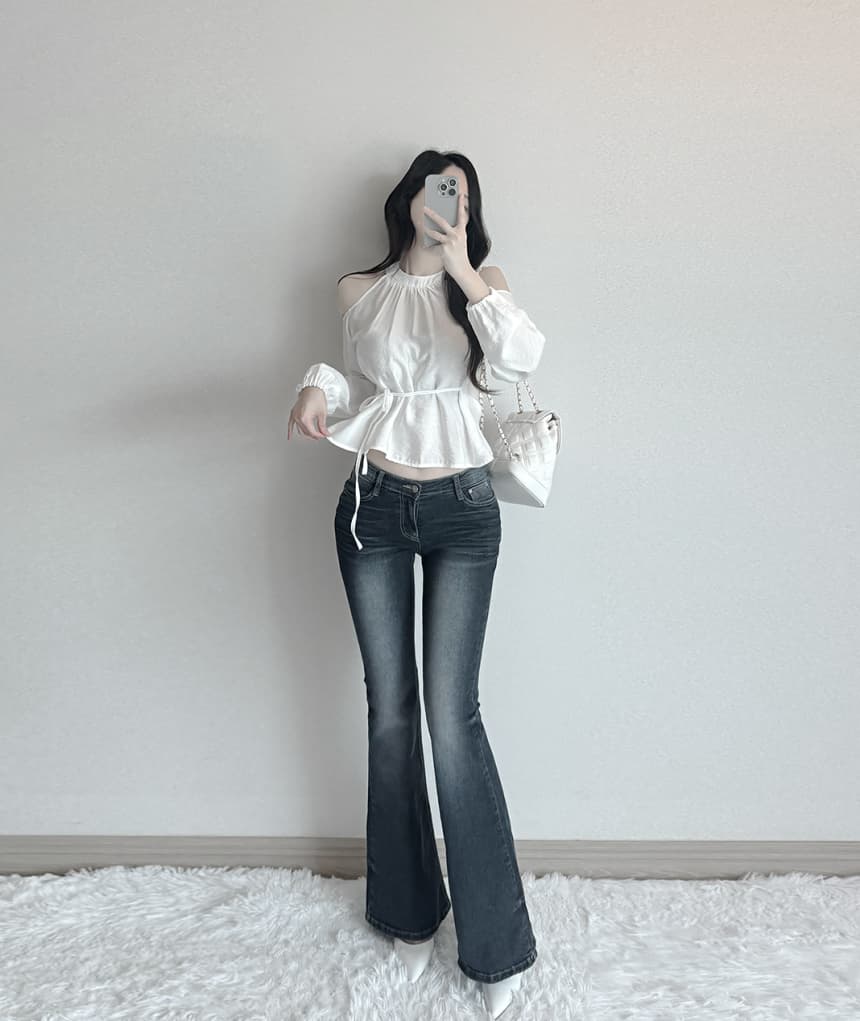 재고 있음 cherry 부드러운 달콤함 행침 목 오프숄더 디자인 센스 측면 스트랩 허리 수축 마이크로 ~을 통해 외국 가스 긴팔 셔츠 상세 이미지 10