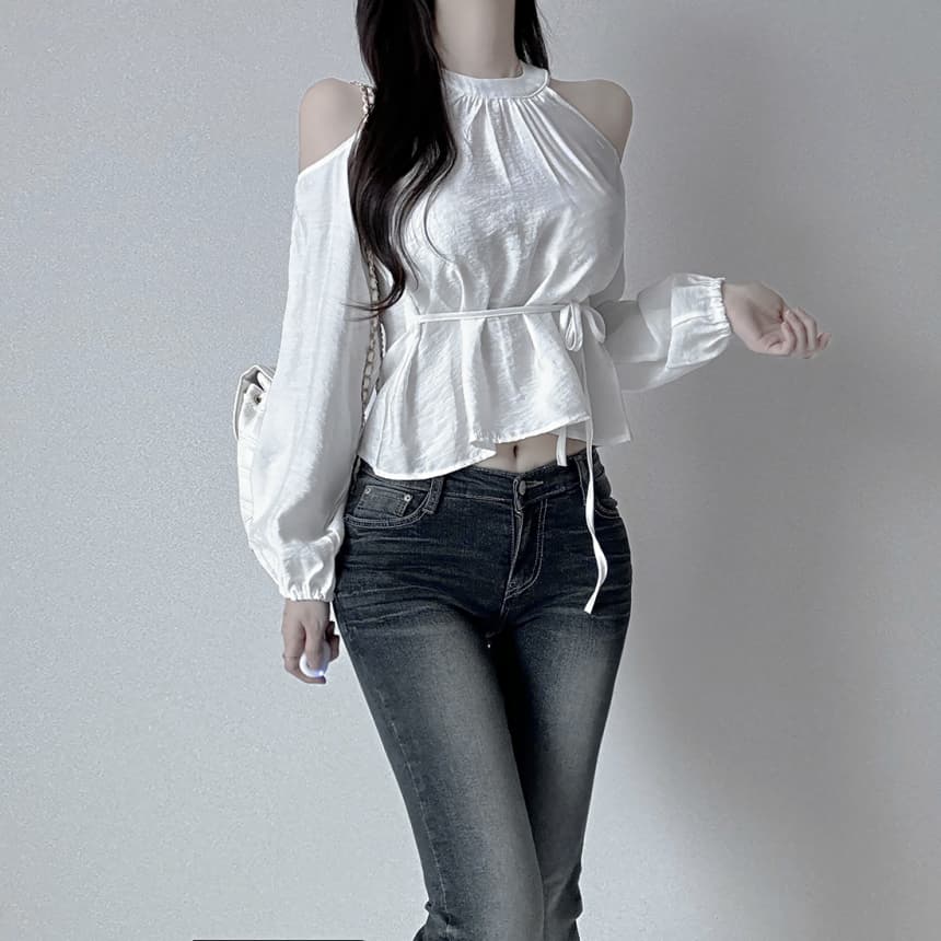 재고 있음 cherry 부드러운 달콤함 행침 목 오프숄더 디자인 센스 측면 스트랩 허리 수축 마이크로 ~을 통해 외국 가스 긴팔 셔츠 상세 이미지 11
