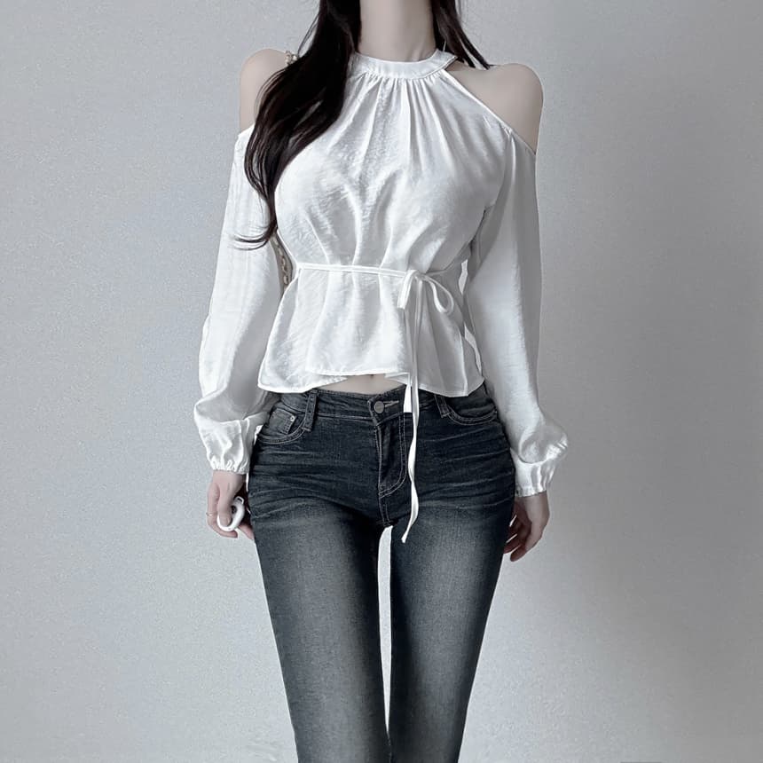 재고 있음 cherry 부드러운 달콤함 행침 목 오프숄더 디자인 센스 측면 스트랩 허리 수축 마이크로 ~을 통해 외국 가스 긴팔 셔츠 상세 이미지 12