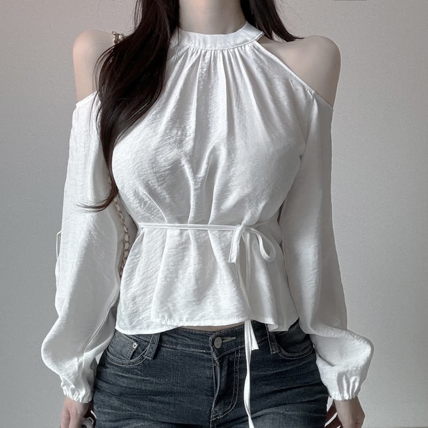 재고 있음 cherry 부드러운 달콤함 행침 목 오프숄더 디자인 센스 측면 스트랩 허리 수축 마이크로 ~을 통해 외국 가스 긴팔 셔츠 상세 이미지 13